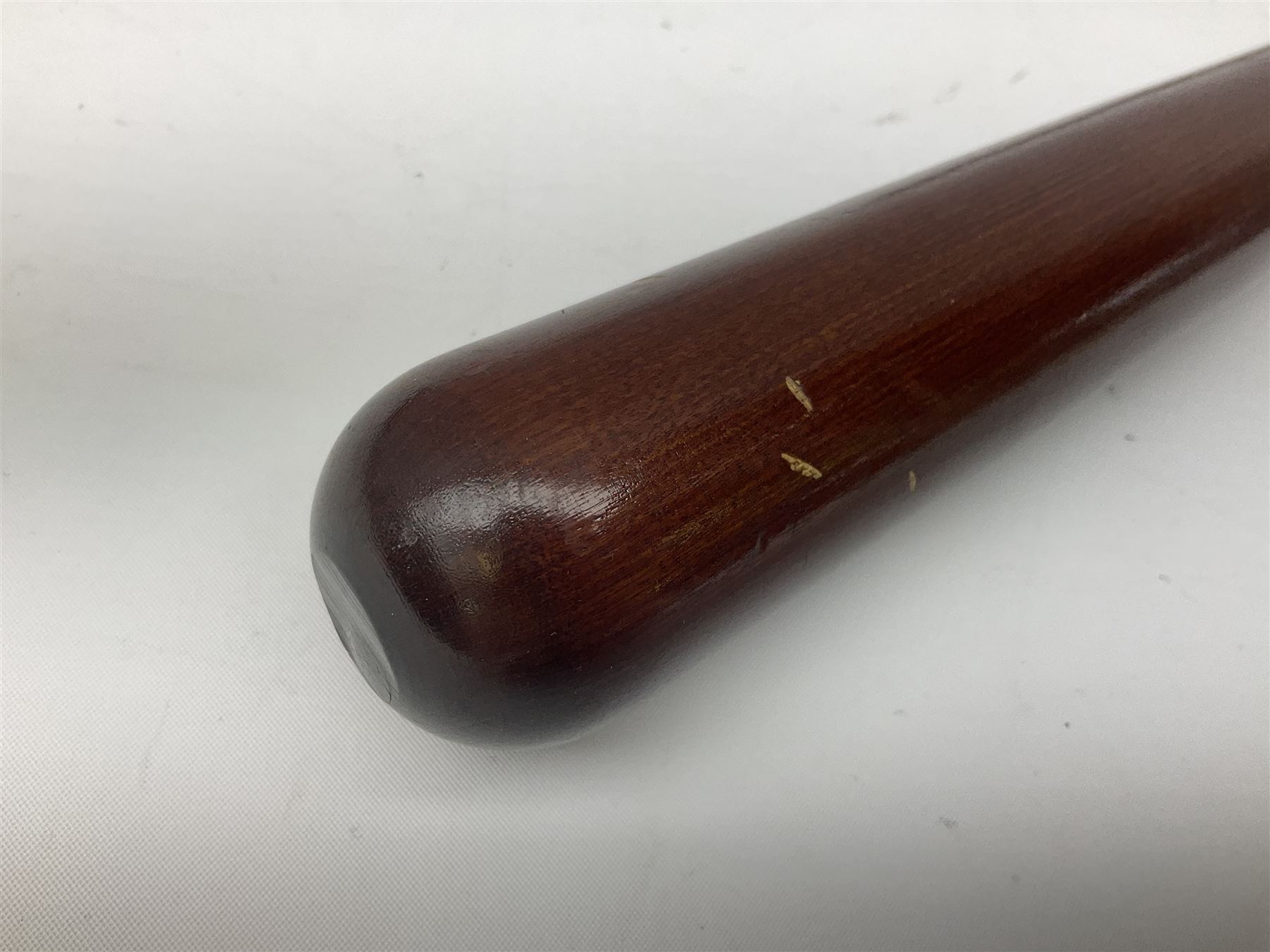 Three police turned hardwood truncheons comprising two patrol truncheons and WPC short truncheon (3)