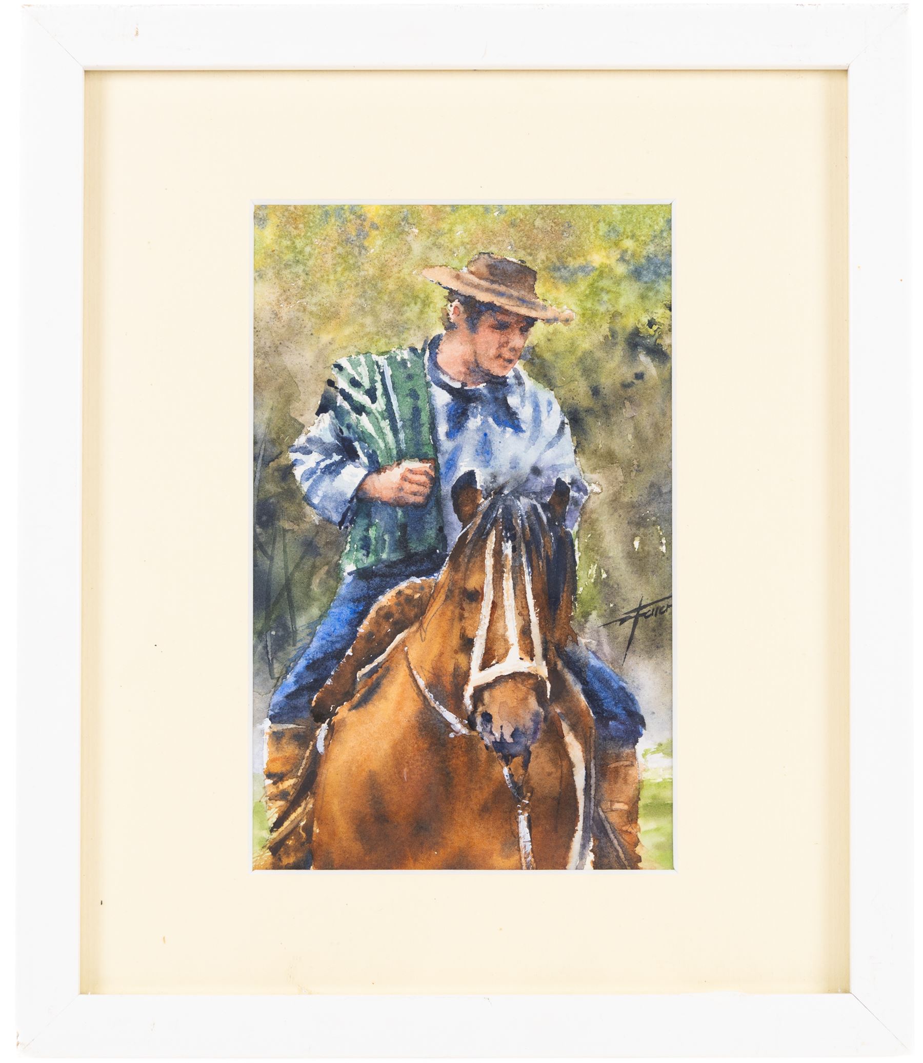 Diego Ferrer (Argentinian Contemporary): Gauchos on Horseback, set of three watercolours signed and variously dated, each approx. 22.5cm x 14.5cm (3) (one unframed)