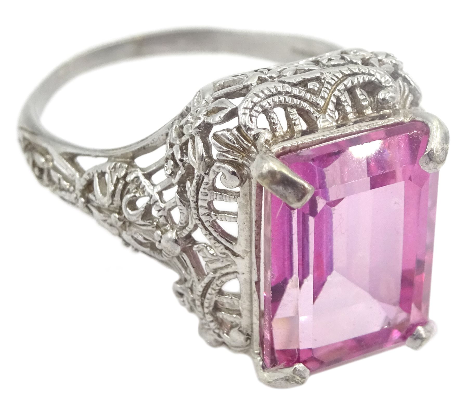 9ct white gold filigree set, emerald cut pink topaz dress ring, hallmarked