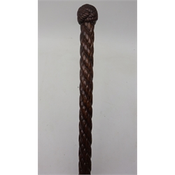  Sailor work Walking stick, carved knot handle, rope twist shaft, chequer and antler ferrule, L93cm  