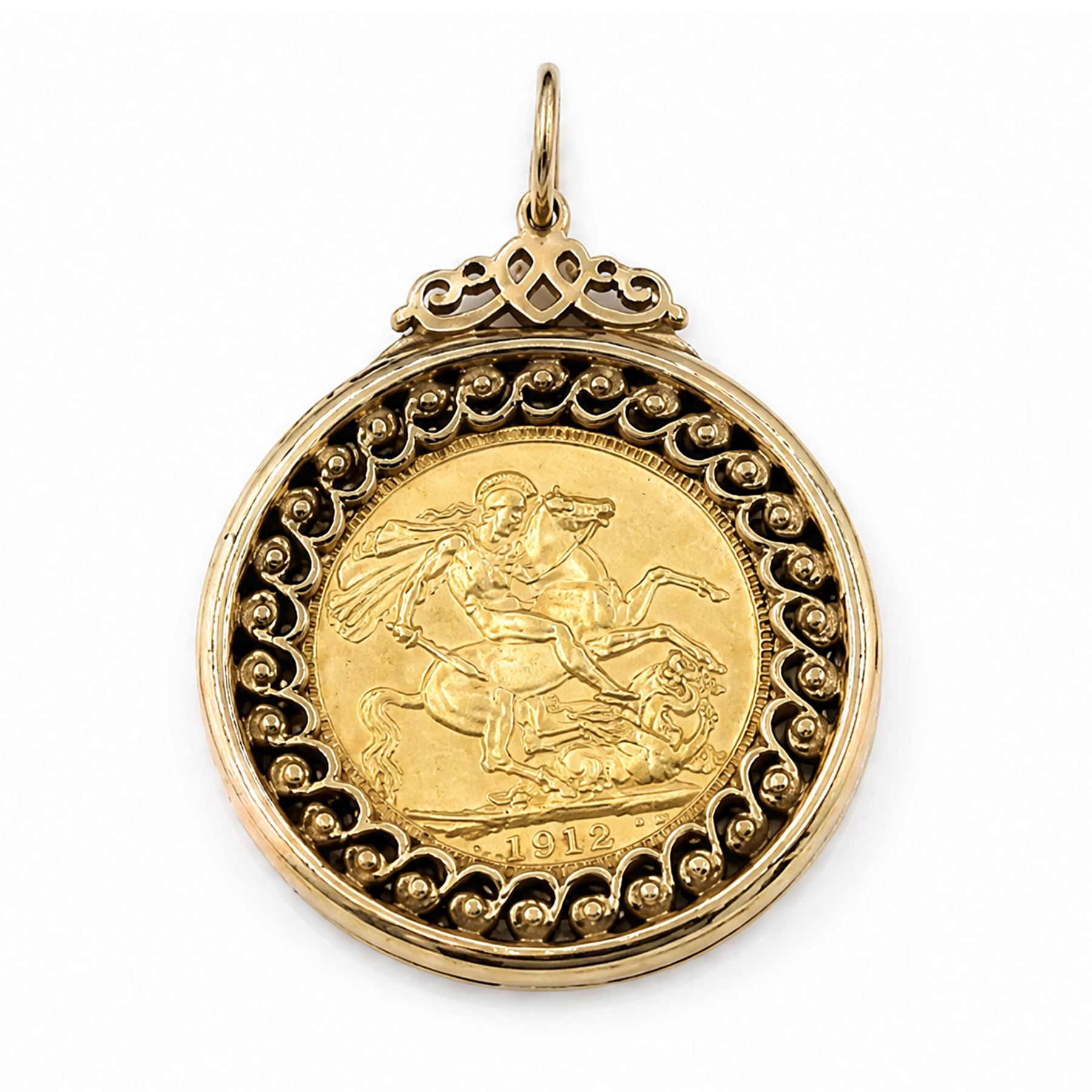 King George V 1912 gold full sovereign coin, loose mounted in a 9ct gold pierced design locket pendant, hallmarked