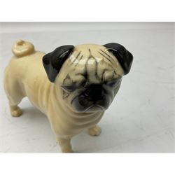 Three Beswick models comprising Hereford Bull no 949, 'CH Cutmil Cupie' Pug, and bay Shire horse, all with printed marks beneath