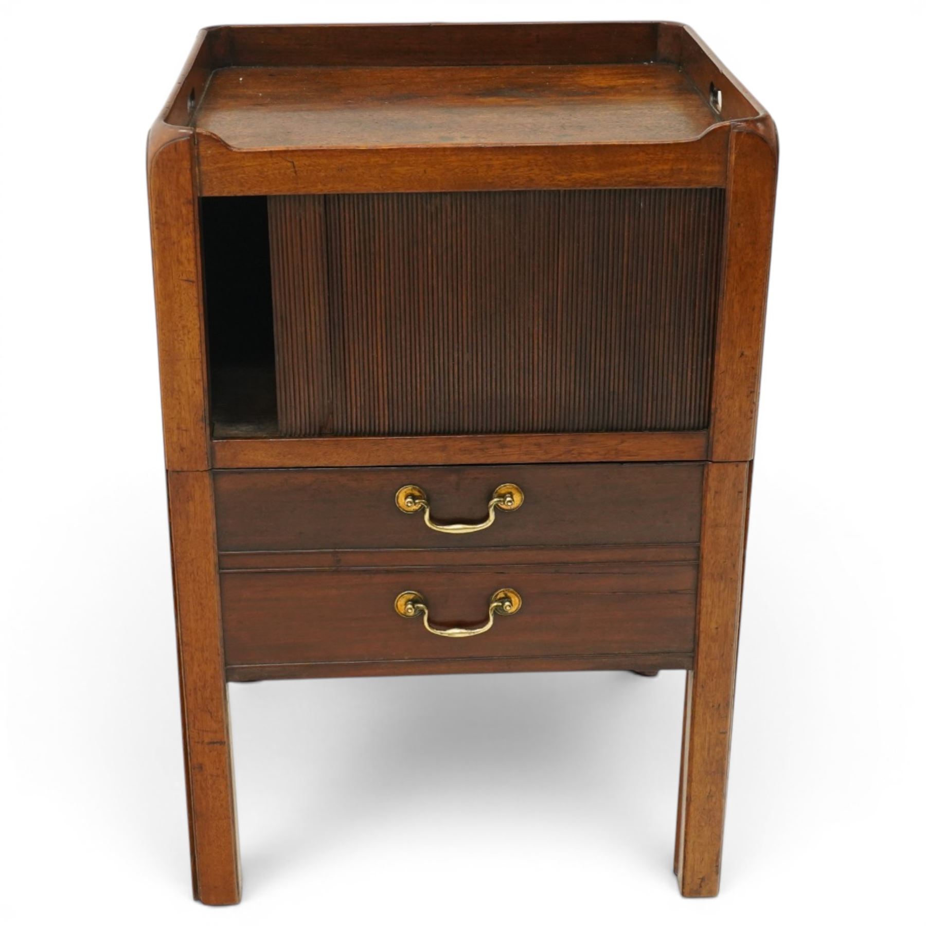  Late 18th century tray top bedside table, tray top with cut out handles, above a tambour shutter, with commode style pull out drawer beneath, raised on square tapering supports