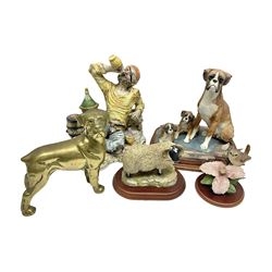 Three Border Fine Arts figures including Boxer with Pups, Capodimonte figure of a drunken pirate, and a brass dog (5)
