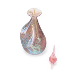 Okra glass scent bottle of ovoid form decorated with iridescent blue design with stylised flowers and leaves, with box, together three other Okra scent bottle with iridescent design, all with original boxes  