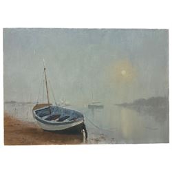 William Burns (British 1923-2010): 'Boat in Mist', oil on board indistinctly signed, titled verso 35cm x 51cm (unframed)
Provenance: direct from the artist's family. Born in Sheffield in 1923, William Burns RIBA FSAI FRSA studied at the Sheffield College of Art, before the outbreak of the Second World War during which he helped illustrate the official War Diaries for the North Africa Campaign, and was elected a member of the Armed Forces Art Society. On his return to England, he studied architecture at Sheffield University and later ran his own successful practice, being a member of the Royal Institute of British Architects. However, painting had always been his self-confessed 'first love', and in the 1970s he gave up architecture to become a full-time artist, having his first one-man exhibition in 1979.