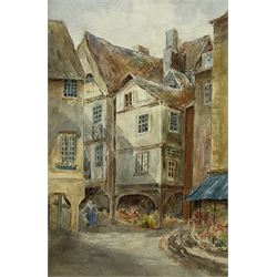 Marjorie Holland (British early 20th century): 'Interior of an Old Barn - Little Norton', watercolour signed, titled verso 30cm x 20cm; English School (early 20th century): Street Scene, watercolour unsigned 36cm x 23cm; Continental School (19th/20th century): 19th Century Market Scene, watercolour signed with initials JMC 17cm x 19cm (3)