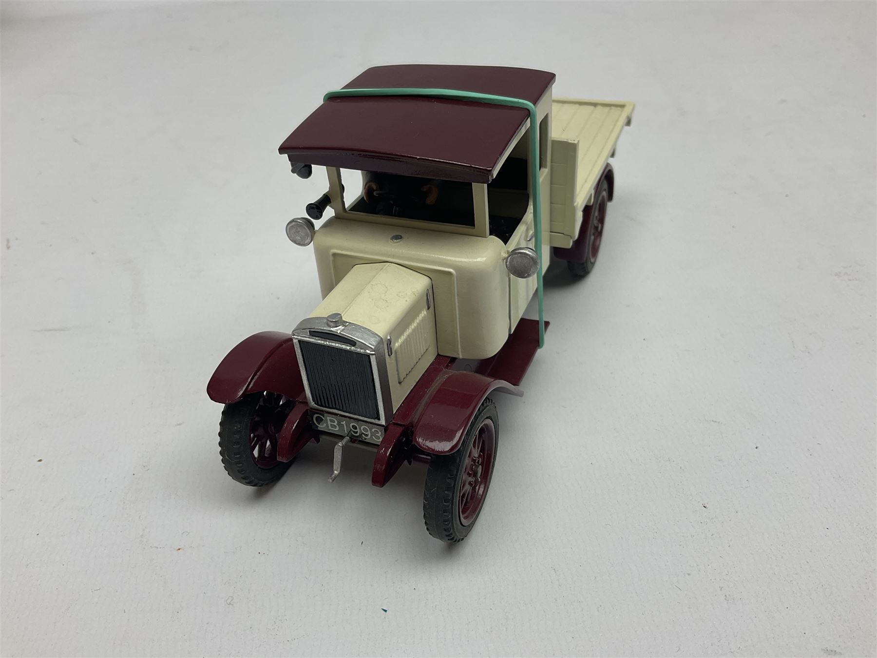 CJB Morris Military Field Wireless car with antenna, driver and operator L11cm; CJB Military covered wagon with two figures; and CJB maroon and white painted flat-bed truck with driver (3)