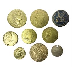 George III gaming tokens, various coin weights, Queen Victoria India 1877 two annas coin with The Lords Prayer engraved to the obverse (holed) and other paranumismatic items 