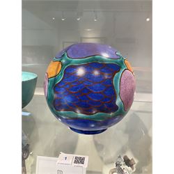 Clarice Cliff Bizarre for Newport Pottery Inspiration Tresco pattern vase, the body of shape 370 globe form painted in yellow, orange, pink, purple, green and blue with stylised island and sea related motifs such as scales and seaweed, with painted and impressed marks beneath, H15cm