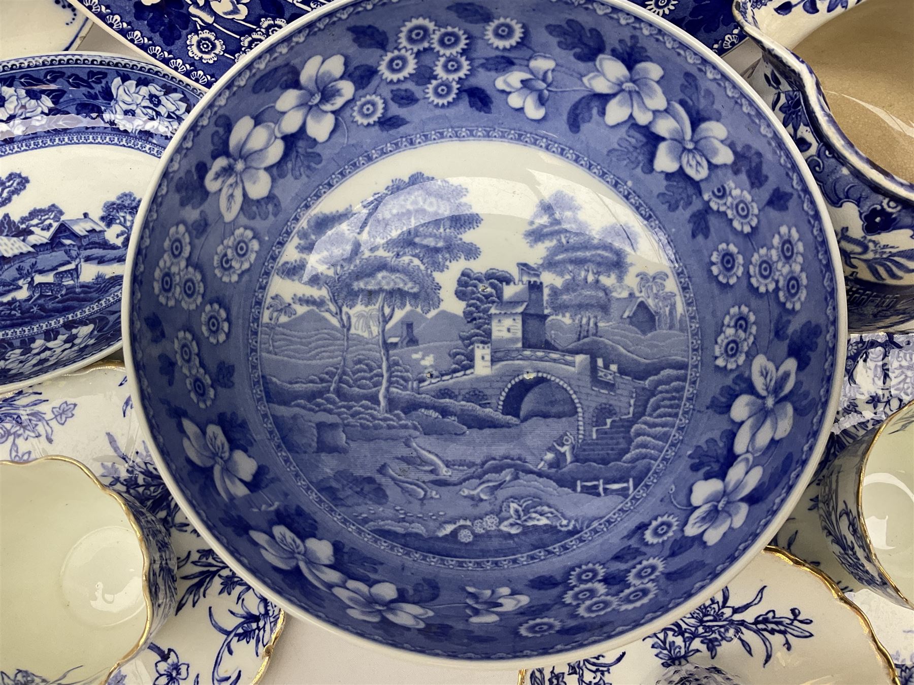 Spode Italian pattern bowl, with blue print beneath, together with a Spode Blue Tower pattern cake plate, and  other blue and white wares to include Wedgwood, Burleighware etc