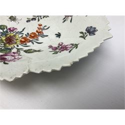 Mid 18th century Worcester fig leaf shape dish, circa 1756-1758, moulded as a single leaf with veining, serrated rim, and stalk, painted in polychrome enamels with floral spray, sprigs, and insect in the Meissen style, L20cm

This fig leaf shape is considered rare having only been in production for a short time.
Due to the crispness and detail in the veining it is believed that 'the mould was produced by taking a cast from an actual leaf'
This shape was made in two sizes, the larger examples such as this can be found decorated in the Chinese style in blue and white, or in the Meissen style in enamels.

Cf. Lot 27, Zorensky collection part 1, 16 March 2004, Bonhams
Lot 326, Zorensky collection part 1, 16 March 2004, Bonhams




