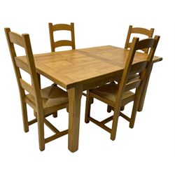 Distressed light oak dining table, extending to 230cm with two leaves; and six ladder back chairs