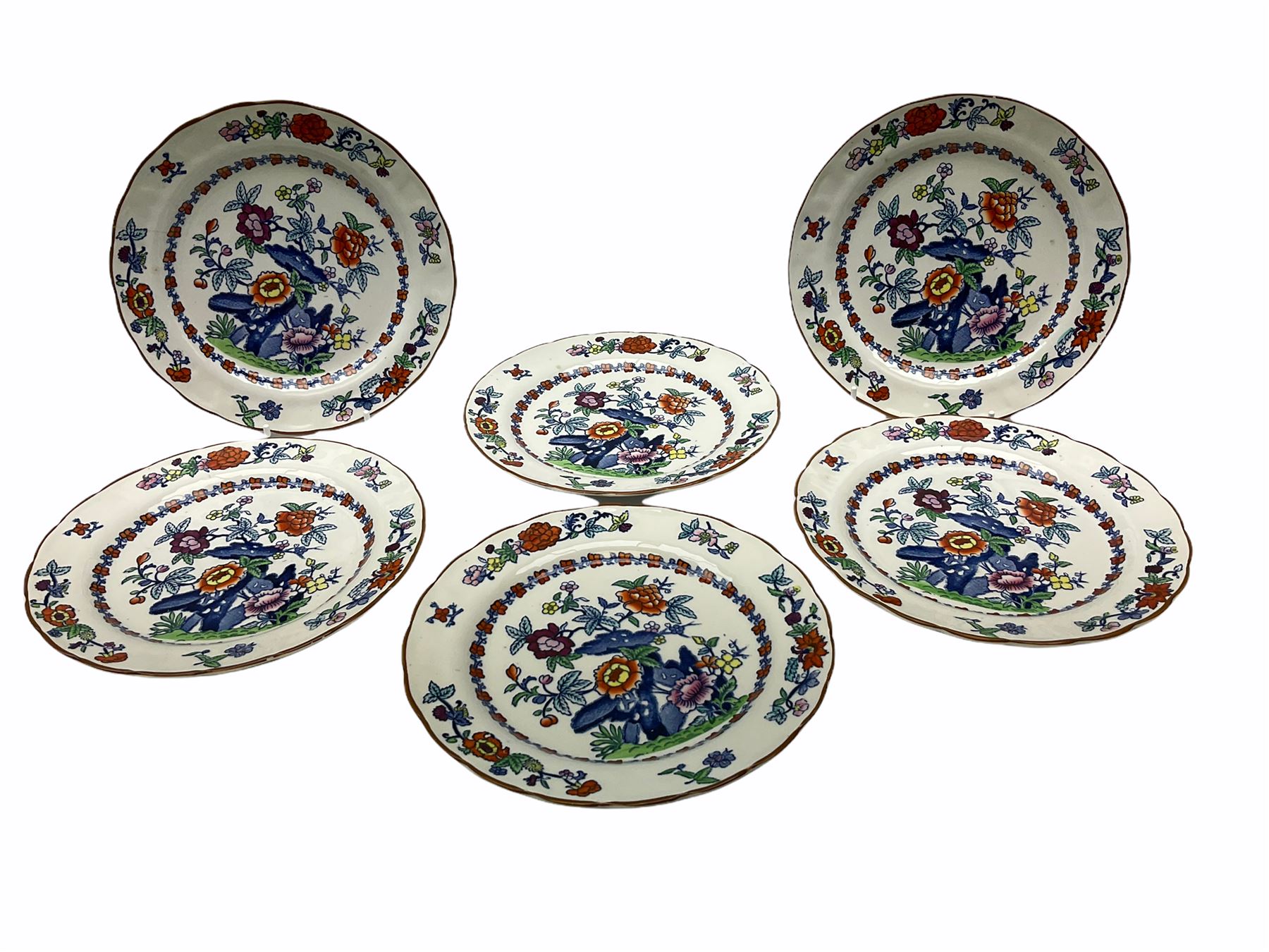 Booths Hors d'Oeuvres or supper set decorated in the Pompadour pattern, comprising seven dishes upon wooden tray L42.5cm, together with a bowl, D11.5cm, and six side plates, D19cm. 