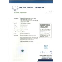 Platinum Colombian emerald and diamond ring, single emerald cut emerald of approx 3.00 carat, each side set with a single baguette cut and heptagonal cut diamond, with The Gem & Pearl Laboratory report