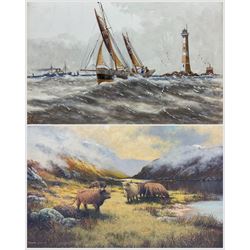 E Adams (British 19th/20th century): Plymouth Boats, watercolour signed 18cm x 27cm; Gordon Lindsay (British 1936-2005): Highland Cattle, oil on canvas signed 45cm x 60cm (2)