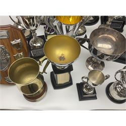 Collection of silver plated and metal trophy cups and winners plaques, all relating to the Burniston and District Show, most engraved with competitions and winner's names, in three boxes 
