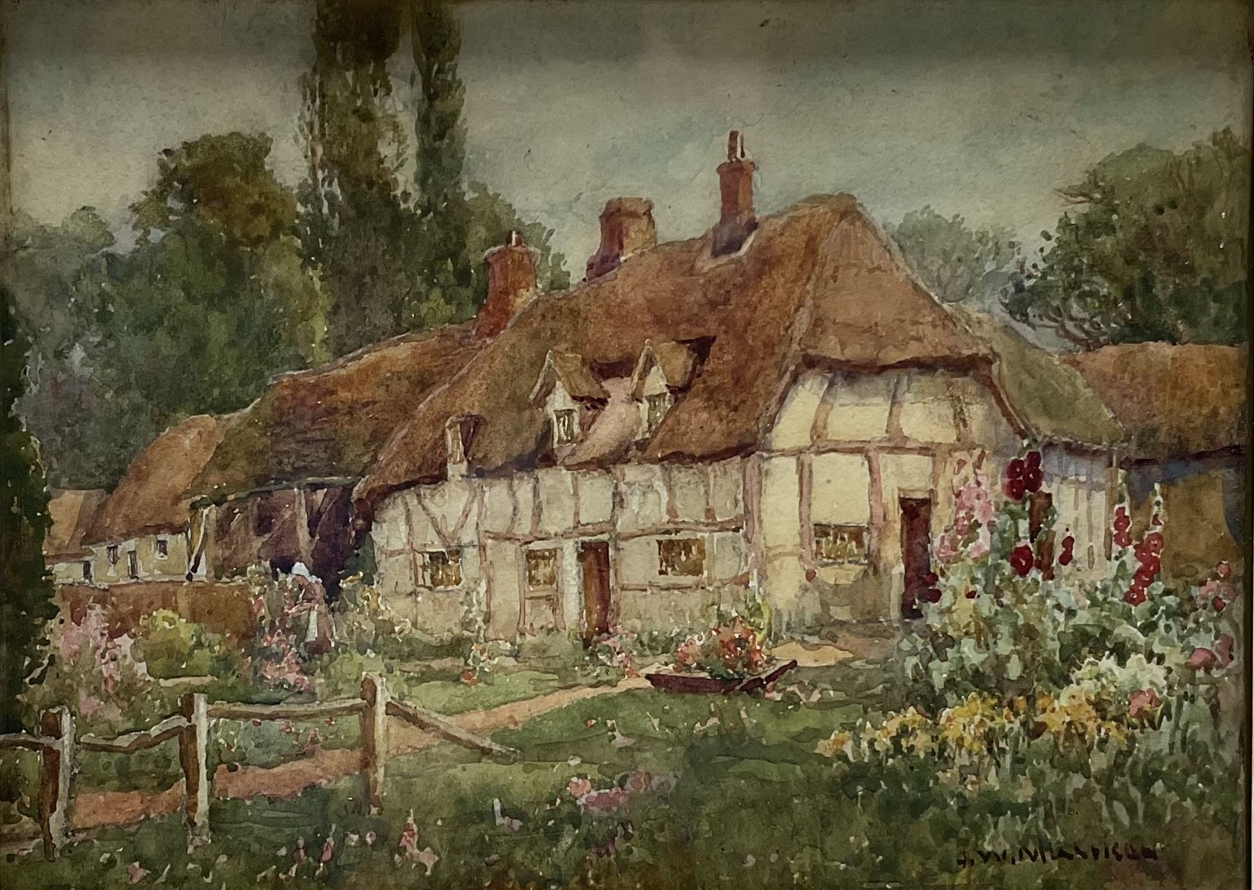 James W Milliken (British 1887-1930): Thatched Cottages, watercolour signed 14cm x 19cm