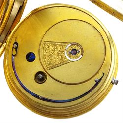Victorian 18ct gold open face English lever fusee pocket watch by Soloman Myers, London, No.64876, gilt dial with Roman numerals and subsidiary seconds dial, case makers mark J R, London 1870