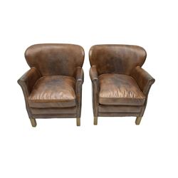 Halo - pair 'Little Professor' club armchairs, upholstered in tan leather with studwork, raised on square supports