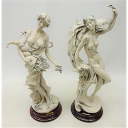  Two Giuseppe Armani figures of an Art Deco style woman with a Peacock and another holding flowers, dated 1991, H48cm  