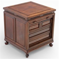 Early 20th century Chinese hardwood filing cabinet, moulded rectangular top over a tambour shutter front with twin recessed handles enclosing an arrangement of graduated drawers, raised on short cabriole legs with shaped apron
