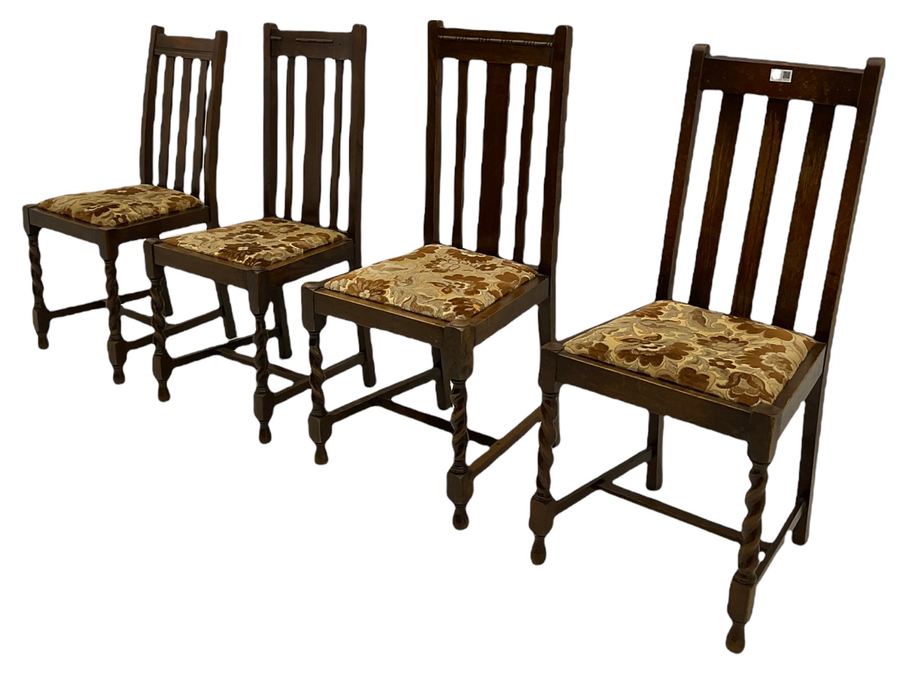 Early 20th century oak barley twist drop leaf dining table (105cm x 154cm, H74cm), and four chairs 