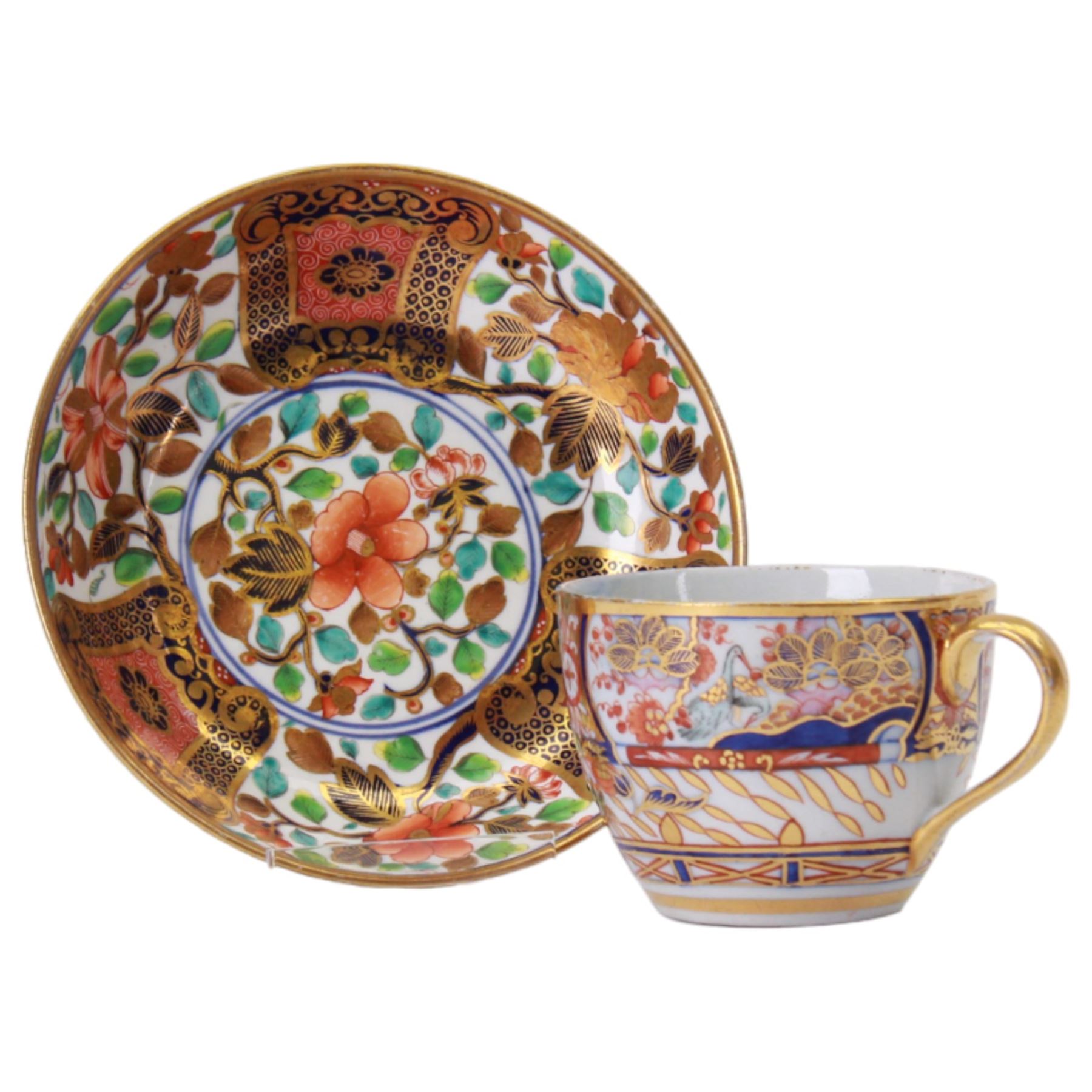 Five 19th century Imari palette tea cups and saucers, comprising Chamberlain Worcester example decorated in the 240 Japan or Nelson pattern circa 1810, Worcester Flight, Barr & Barr example circa 1820, Spode 1220 pattern circa 1805, and further pair, probably Coalport, each cup approximately H6cm D8cm, saucer D14cm

