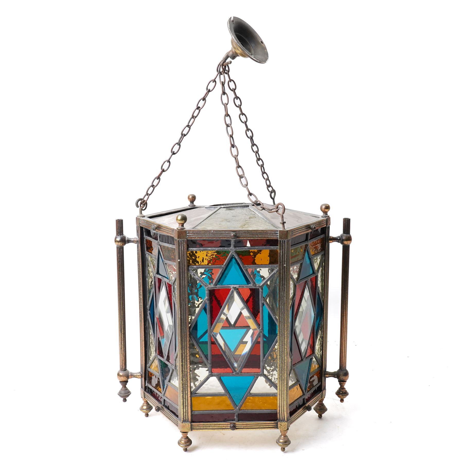 Late Victorian hexagonal brass hall lantern inset with leaded coloured glass panels H34cm