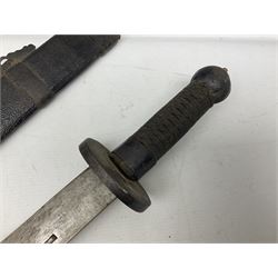 Chinese Boxer Rebellion Period Sword, 69.5cm heavy curved single edge blade with single narrow fuller, plain iron dished circular guard, iron pommel and ferrule with plaited cord bound grip; in skin covered wooden scabbard with iron chape and long suspension mount L95cm overall