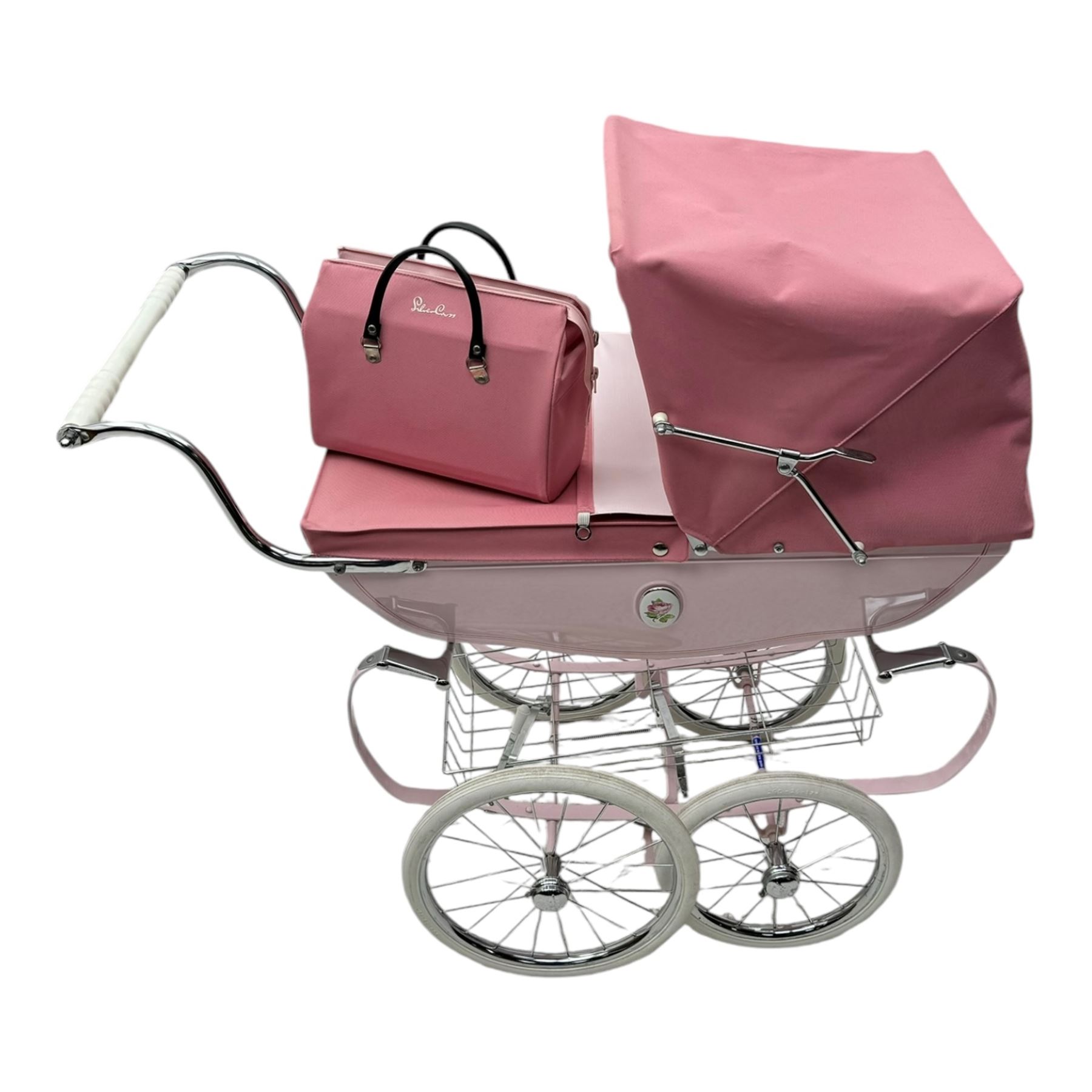 Silver Cross Oberon dolls carriage pram, pink with canopy, H