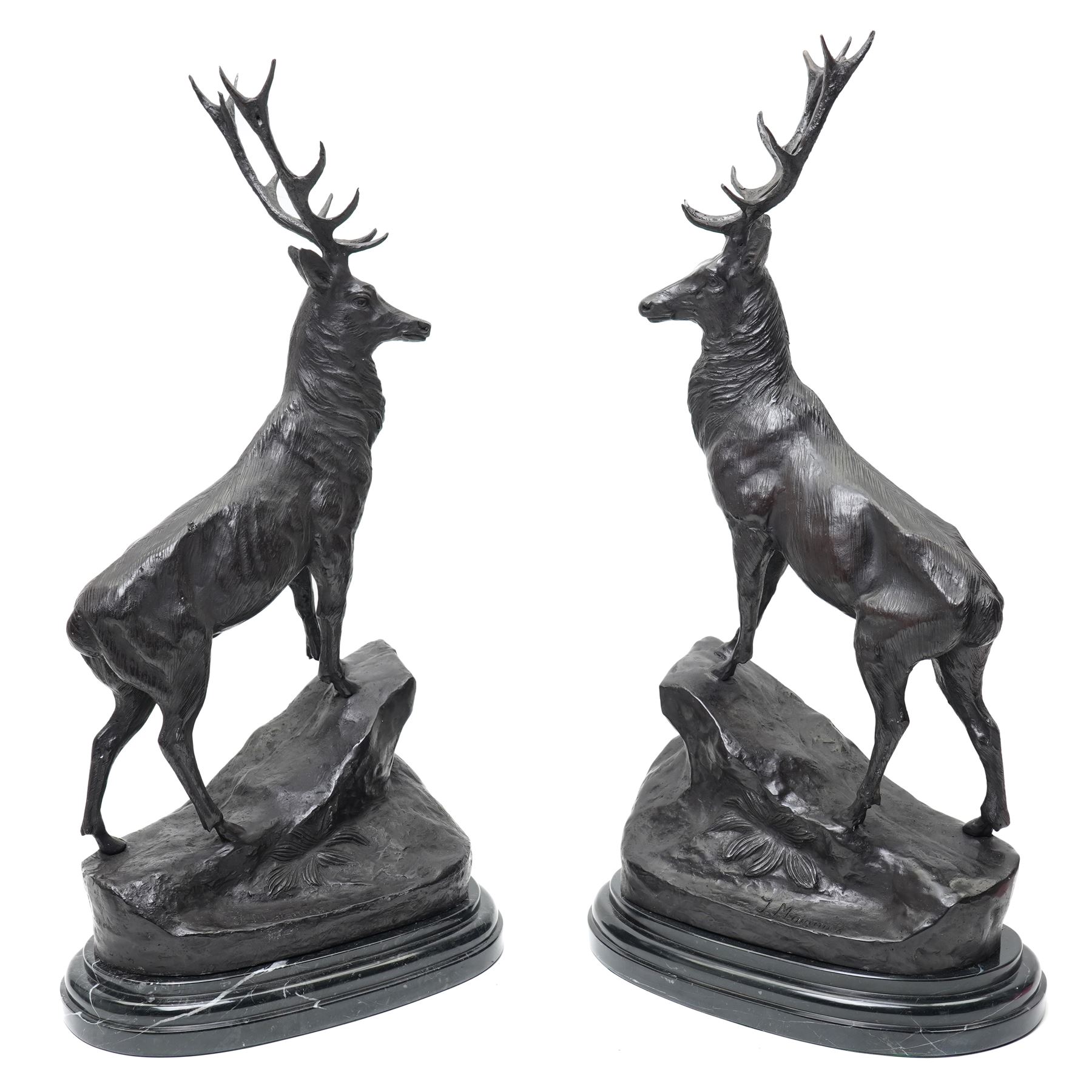 After Moignier - Pair of large bronze stags on marble bases H71cm