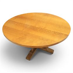 Mouseman - circular adzed oak circular dining table, on quatriform base with carved mouse signature, by the workshop of Robert Thompson of Kilburn