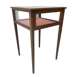 Edwardian inlaid mahogany bijouterie cabinet, glass inset top in moulded frame with satinwood band, fall front glazed door, on square tapering supports 
