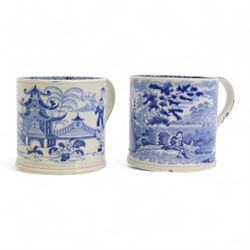 Two large 19th century blue and white transfer decorated pearlware mugs, the first example depicting a Chinese landscape with pagoda, and figures at rest and play, the second a pastoral landscape with shepherd and goats by waters edge, each approximately H12.5cm