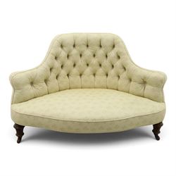 Victorian mahogany frame parlour settee, in back-buttoned ivory fabric