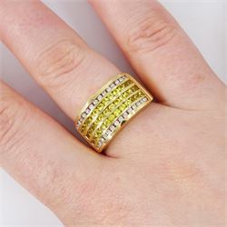 14ct sapphire and diamond half eternity ring, channel set with two rows of round brilliant cut diamonds, spaced by three rows of round cut yellow sapphires, hallmarked, total sapphire weight approx 1.45 carat, total diamond weight approx 0.30 carat