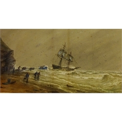  John Francis Branegan (British 1843-1909): 'Brig Ashore - Whitby' with the Lifeboat in attendance, watercolour with scratching out signed and titled 24.5cm x 46cm  