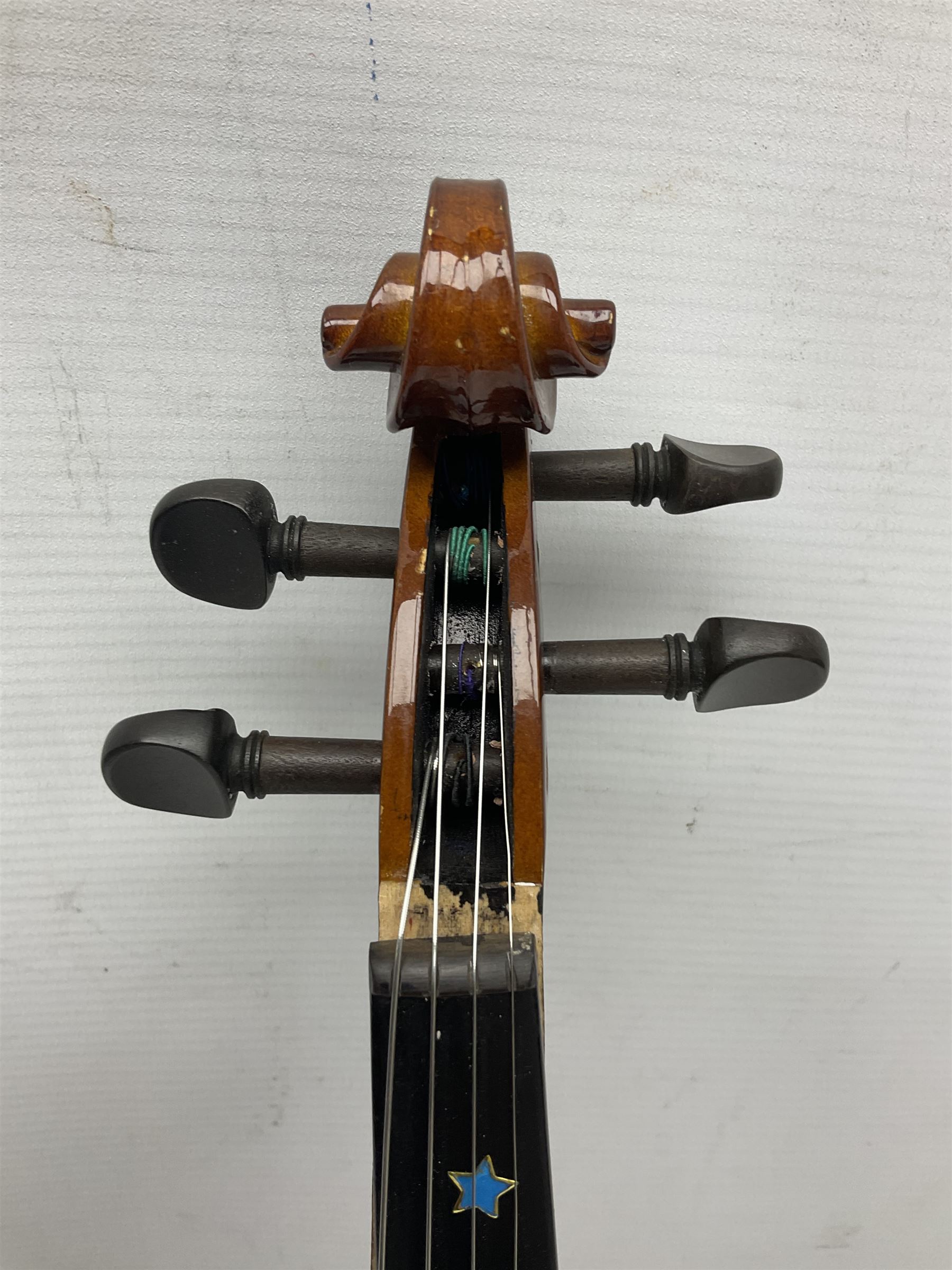 Three Stentor Student violins - three-quarter size with 33cm two-piece back; and two quarter size each with 28cm two-piece back; each in carrying case with bow (3)