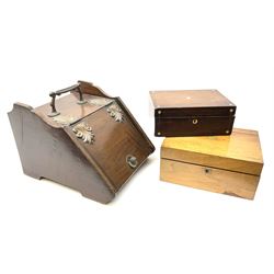A 19th century mahogany and brass mounted coal scuttle or box, the hinged front opening to reveal a lined interior, not including handle H28cm L30cm D39cm, together with a 19th century mahogany writing slope, with vacant brass plaque to the hinged opening cover, H14cm L30.5cm D22.5cm, and a 19th century rosewood box, with inset mother of pearl detail and escutcheon, H10.5cm L27cm D20cm. (3).  