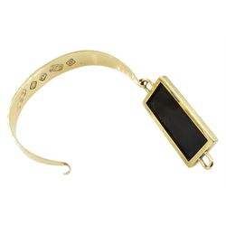 9ct gold rectangular Whitby jet, wide bangle by C W Sellors, Sheffield 1996