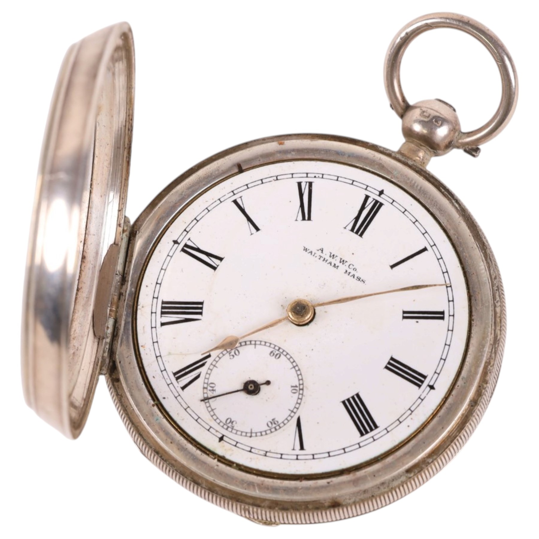 Silver AWW & Co Waltham Mass open faced pocket watch with subsidiary seconds dial, hallmarked