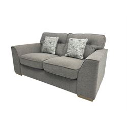 Two seat sofa, upholstered in grey fabric with scatter cushions