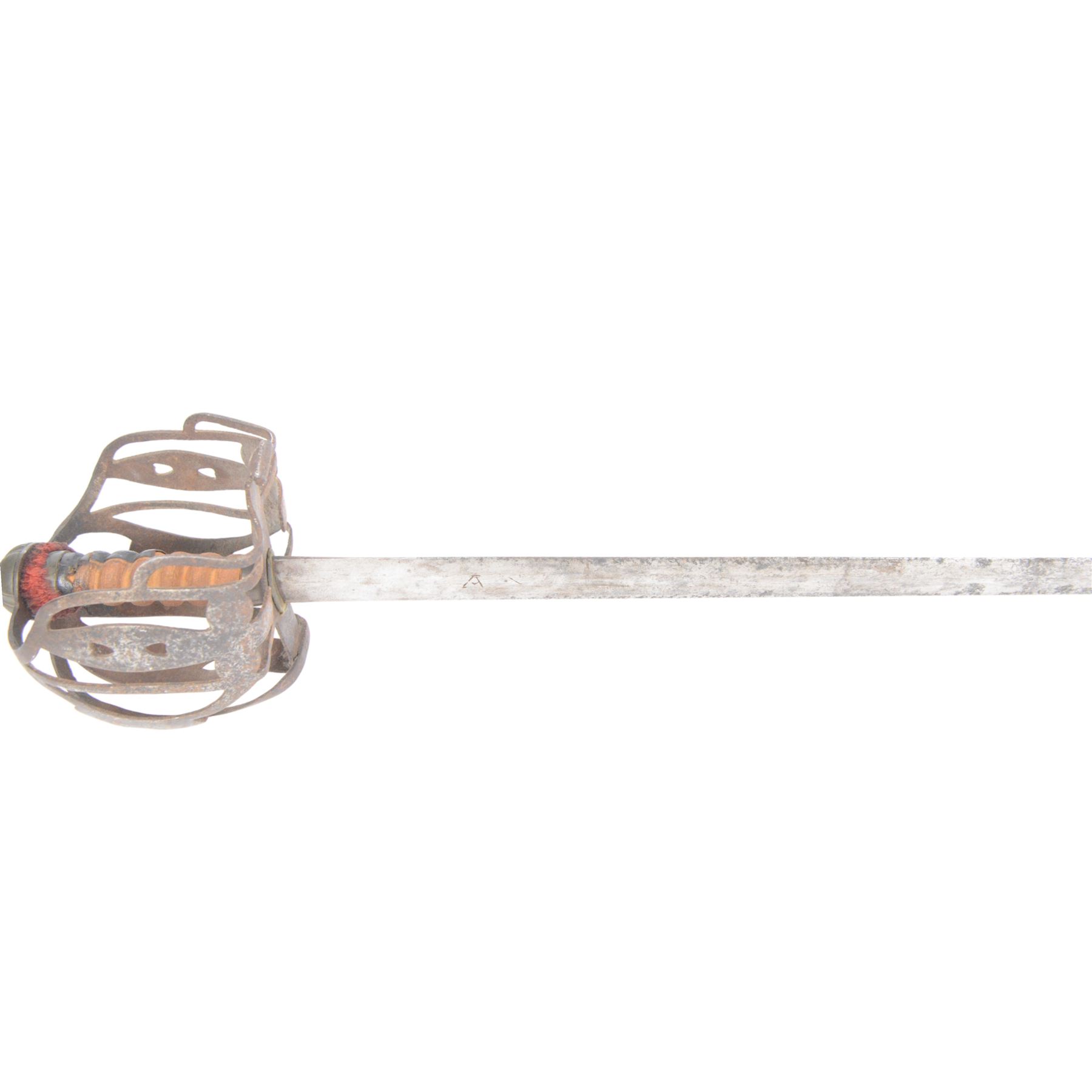 18th century Scottish basket hilt sword, with L82cm double edged blade, the basket hilt with pierced with heart motifs and wood grip, within leather scabbard, overall L96cm 