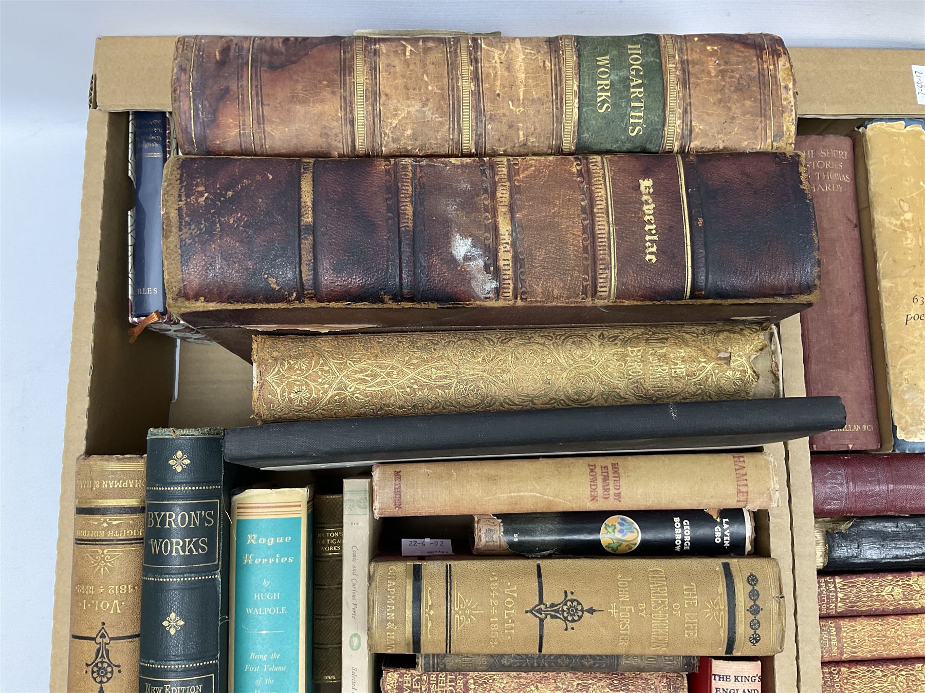 Collection of books to include Byron's Works, Hogarth's work, ten volumes by Sir Walter Scott Bart etc, in two boxes 