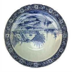 Ten Delft and similar chargers, including Delfts Blauw and Boch examples, largest D40cm