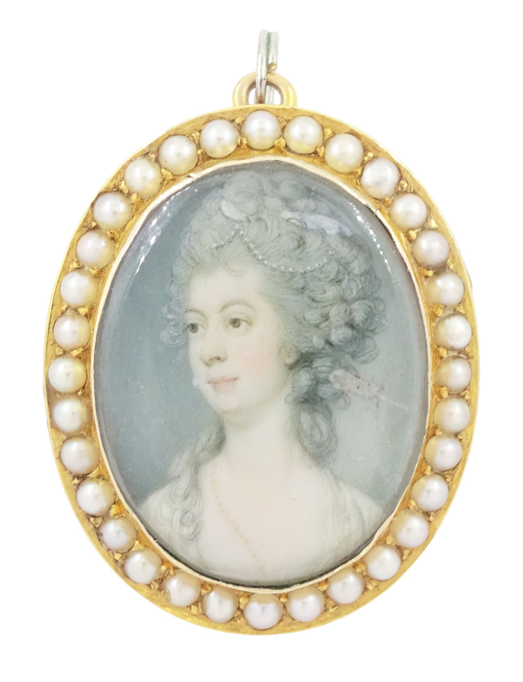 19th century 9ct gold seed pearl brooch/ pendant, set with an oval miniature of a woman, on ivory, under a glazed panel, with a seed pearl surround. This lot has been registered for sale under Section 10 of the APHA Ivory Act