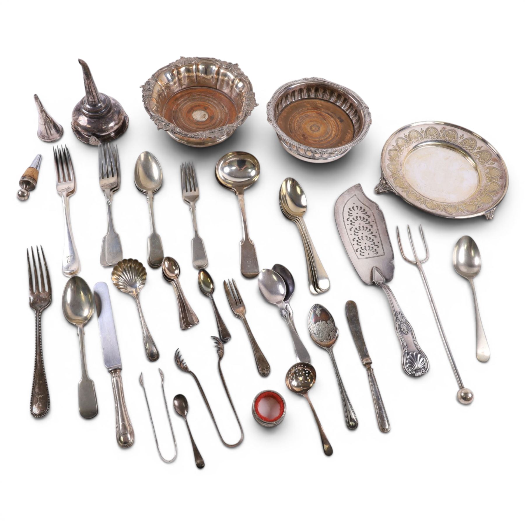 Silver plate, including waiter, two bottle coasters, funnel, cutlery, etc