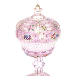 Victorian glass bon bon dish and cover, decorated with hand painted flowers and gilt detail, upon a knopped stem and square base, H22cm
