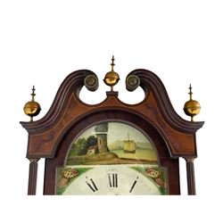 Samuel Ritchie of Forfar - William IV 8-day Scottish longcase clock in a mahogany case, with a swans neck pediment, brass paterae and three ball and spire brass finials, case and trunk inlaid with satinwood stringing on a plinth raised on decorative bracket feet, painted break arch dial depicting a costal scene to the break arch and conch seashells to the spandrels, Roman numerals, subsidiary seconds and date dials with matching steel hands, with a rack striking movement striking the hours on a bell. With weights, key, and pendulum.  Samuel Ritchie is recorded as working in Forfar 1800-37.